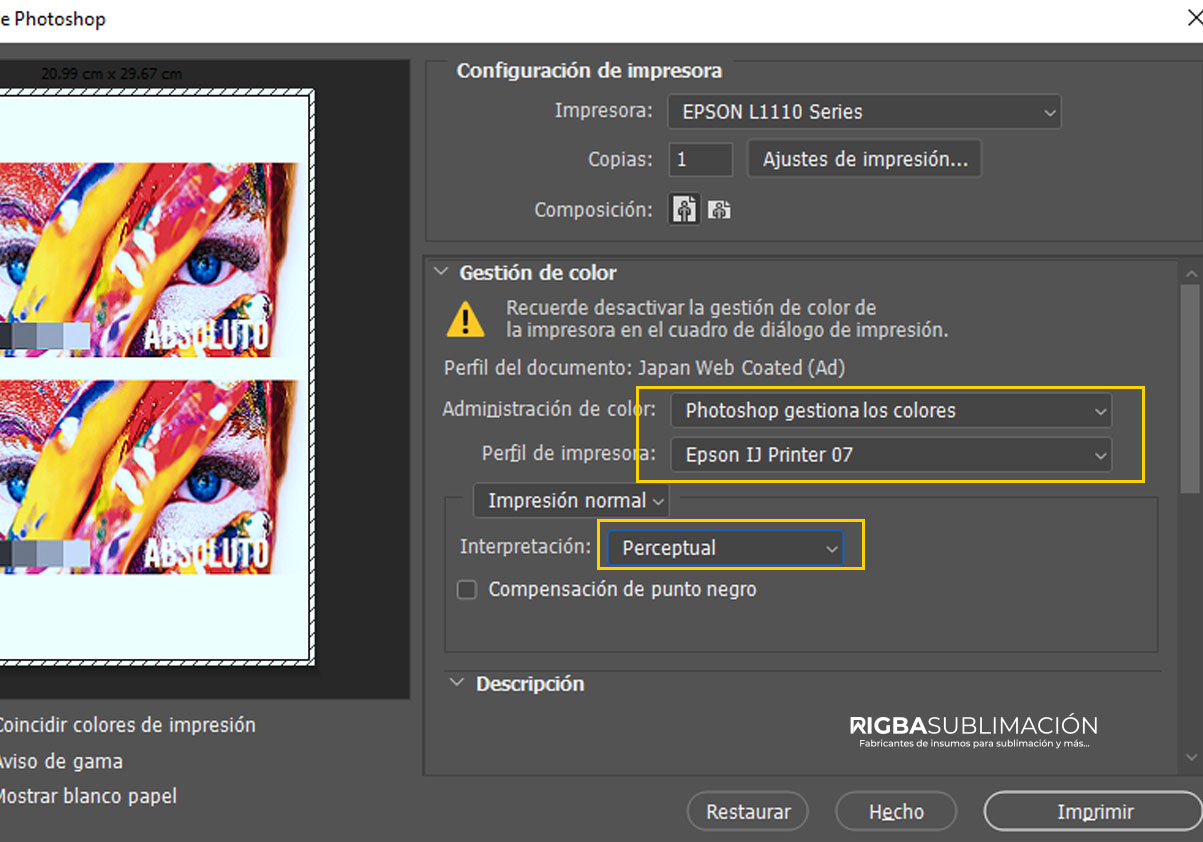 Configurar impresora para sublimación en photoshop